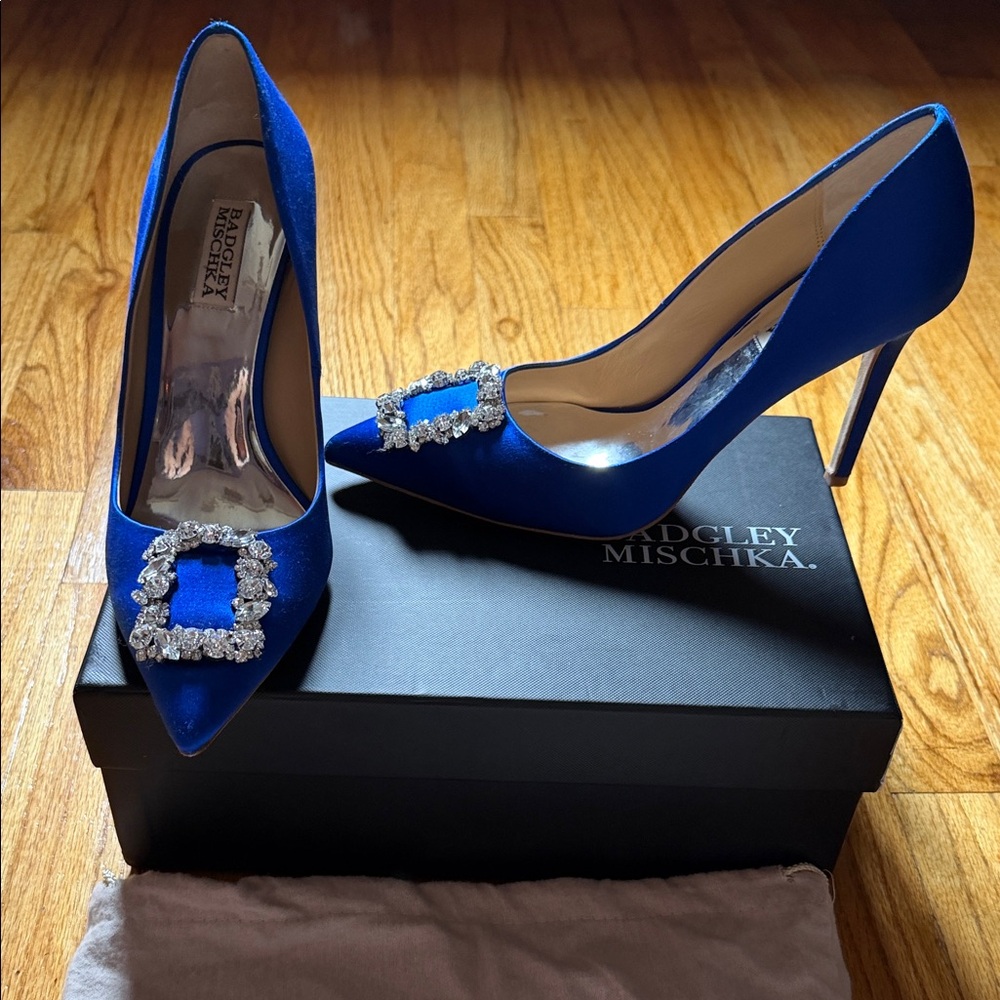 Badgley Mischka Royal Blue Satin Pointed Toe Pumps with Crystal Buckles